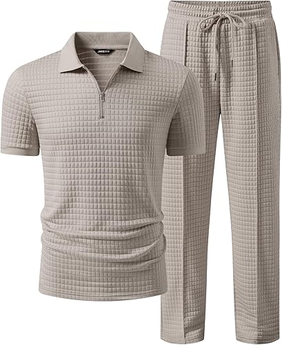 **JMIERR Men's Summer Waffle 2-Piece Outfit – 1/4 Zip Polo Shirt & Casual Loose Pants Set**